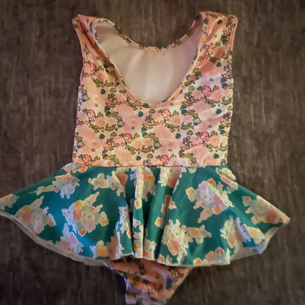 Sweet Honey Girls Floral Pink & Teal Swimsuit with Skirt - Picture 2 of 2